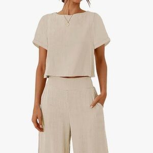 Two Linen Short Sleeve Crop Tops - black and cream